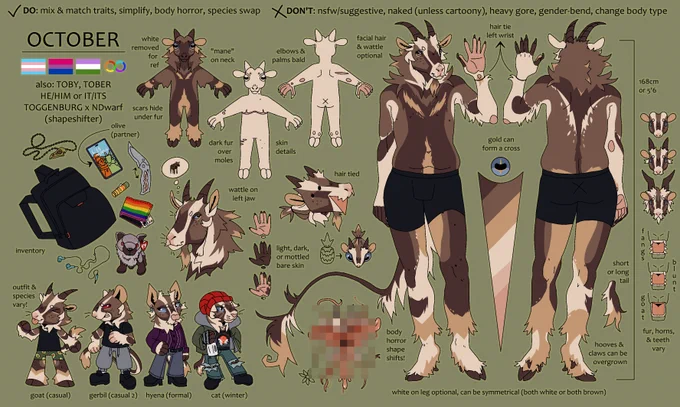 Digital art ref sheet of an anthropomorphic brown and white goat fursona