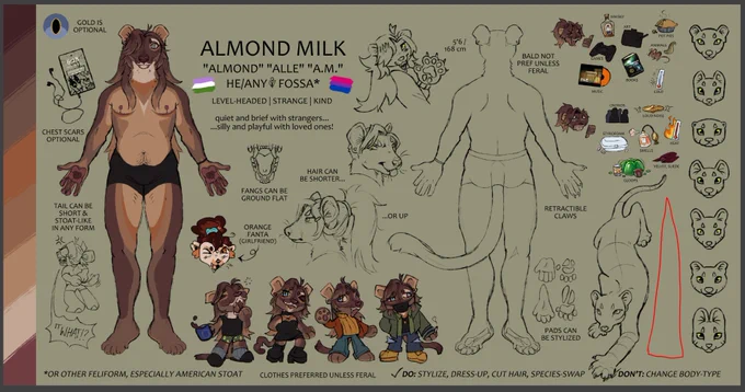 Digital art ref sheet wip of an anthropomorphic fossa