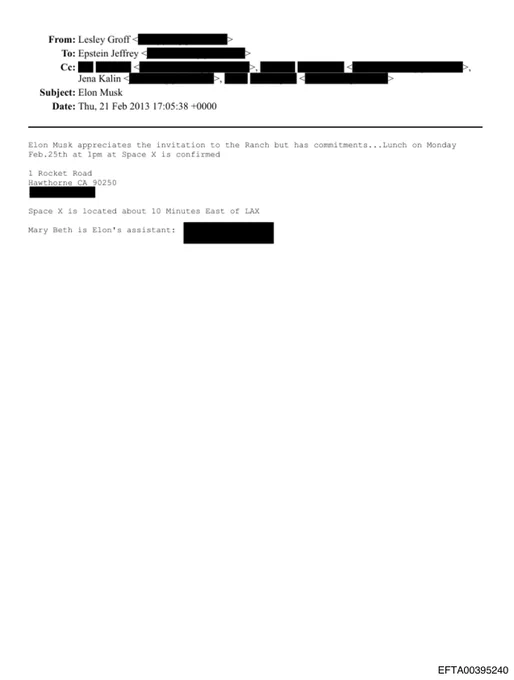 Epstein files document EFTA00395240: Lesley Groff email to Epstein dated Feb 21 2013, subject Elon Musk. Shows Space X lunch confirmation and Ranch invitation noted.