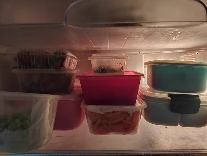 isinya ada buncis sm wortel yg udh dipotong potong, tempe tahu marinasi, empal daging, buah 🍓, bakso, dan bumbu halus nasgor