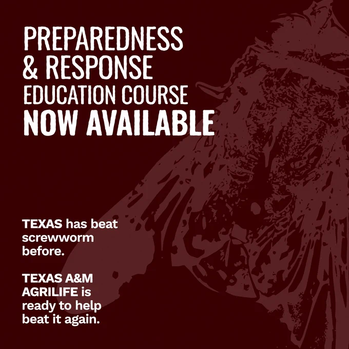 Promotional image for a preparedness and response education course by Texas A&M AgriLife, with text emphasizing readiness to combat screwworm.