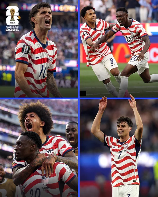 Four photos of USA players celebrating during their FIFA World Cup 2026 fixture against Paraguay.