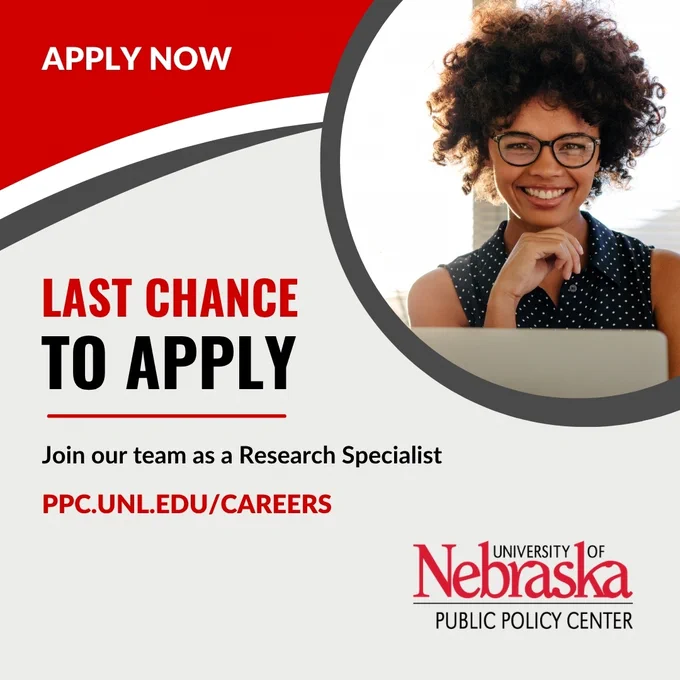 University of Nebraska Public Policy Center job ad urging applications for Research Specialist position through ppc.unl.edu/careers with a person working on a laptop.