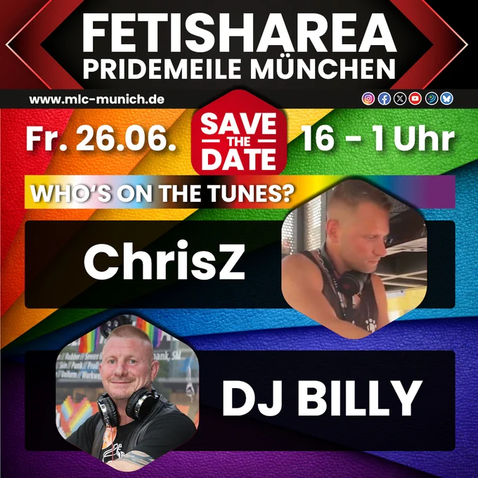 The image shows an event flyer for a fetish area event in Munich, Germany, listing the DJs Chris Z and DJ Billy as performers.