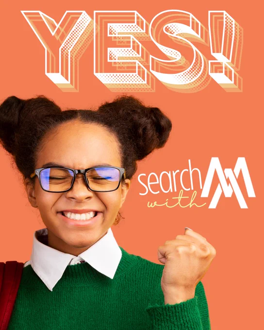 A cheerful young person with glasses and a green sweater celebrates success with an energized expression, in front of a motivational orange background.