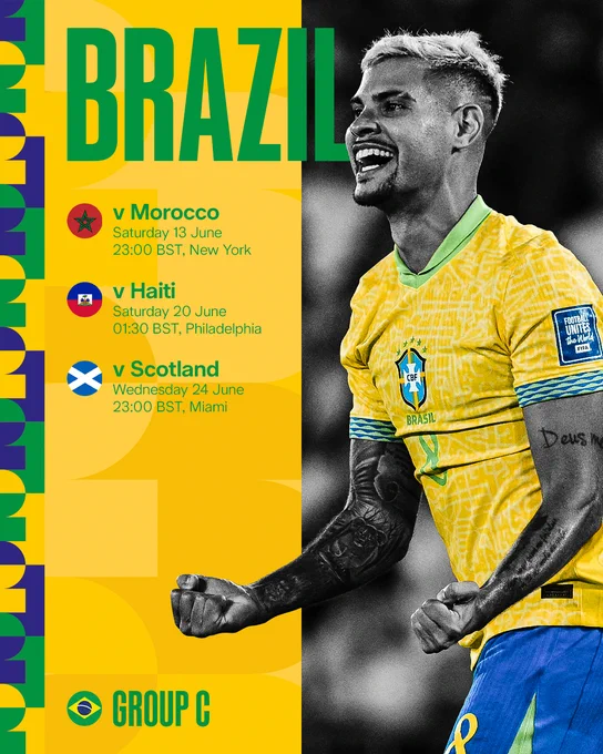 Bruno pictured on a graphic showing all three of Brazil's Group C World Cup games against Morocco, Haiti and Scotland. 