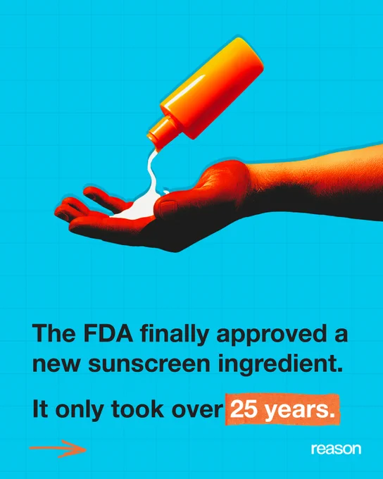 An orange sunscreen bottle pouring lotion into a hand against a blue grid backdrop. Text reads: "The FDA finally approved a new sunscreen ingredient. It only took over 25 years."