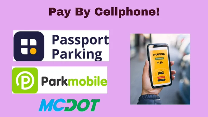 Hand holding smartphone displaying a parking payment app screen with options to pay and a 9:30 time shown.