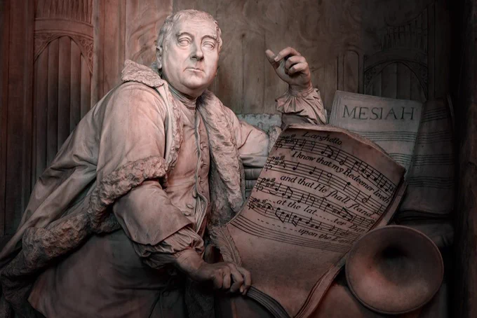 A life sized marble statue of Handel with one arm resting on a large music score sheet titled Messiah. 