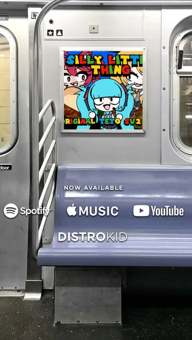 image of a public subway with the art for "Silly Little Thing" as an ad on the wall, below stating that it's now available on spotify, apple music, youtube, and was distributed by distrokid~!
