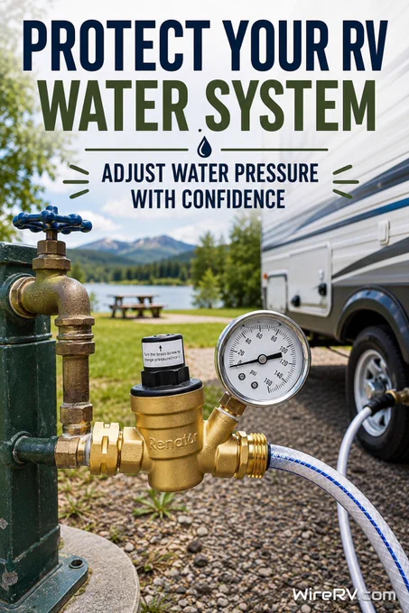 Adjustable RV water pressure regulator with gauge connected between a campground water spigot and RV water hose.