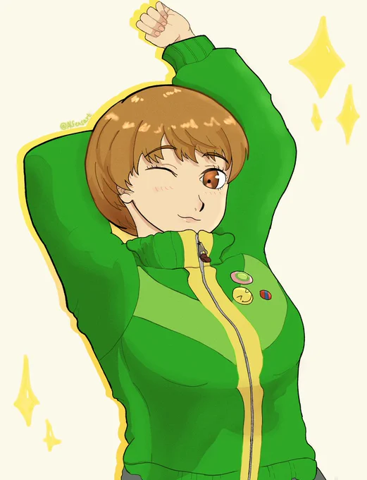 Chie satonaka from persona 4 stretching up and looking towards the viewer with a slight smile.
