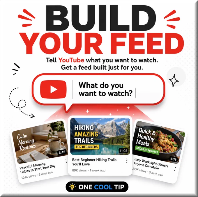 📺 Tired of the Same Videos? Try This! 

🛑 Stop letting the algorithm choose for you! 

YouTube’s new "Your Custom Feed" lets you build your own video discovery space using AI prompts. 

Whether it is work or play, you set the vibe. 📺

#YouTubeTips #CustomFeed #AIFeatures #VideoDiscovery #GoogleAI @YouTube @TeamYouTube  

https://www.onecooltip.com/2026/06/take-control-of-your-youtube-experience.html