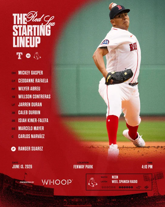 June 13, 2026 lineup vs. Rangers at Fenway Park: Gasper DH, Rafaela CF, Abreu RF, Contreras 1B, Duran LF, Durbin 3B, Kiner-Falefa 2B, Mayer SS, Narváez C, Suarez P. Watch on NESN and listen on WEEI & Spanish radio at 4:10pm.

IMAGE: A photo of Ranger Suarez pitching at Fenway Park wearing his home white Red Sox uniform.