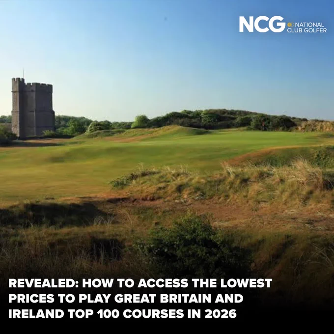 A scenic golf course in Great Britain with a historic castle tower in the background. The image promotes accessing low prices to play top courses in 2026.