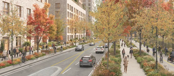 Urban street scene with autumn foliage, pedestrians walking on sidewalks, and cars driving along a tree-lined road.