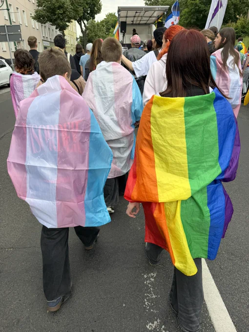 Mit bunten Trans- und Regenbogenfahnen drapierte Teilnehmer:innen