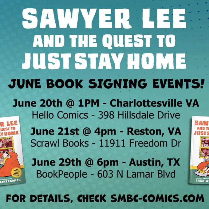 Informational graphic showing the title of the book and listing all the signature dates and locations for June 2026. 

June 20th @ 1PM Hello Comics
398 Hillsdale Drive Charlottesville VA

June 21st @ 4pm Scrawl Books
11911 Freedom Dr Reston, VA

June 29th @ 6pm BookPeople
603 N Lamar Blvd Austin, TX