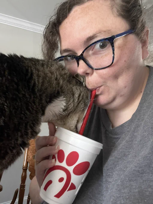 I am trying to drink a Chick-fil-A milkshake and Boots is sticking his entire face into it in an attempt to drink from the straw