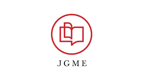 Red outlined icon of an open book inside a circle with the letters J G M E below on a white background.