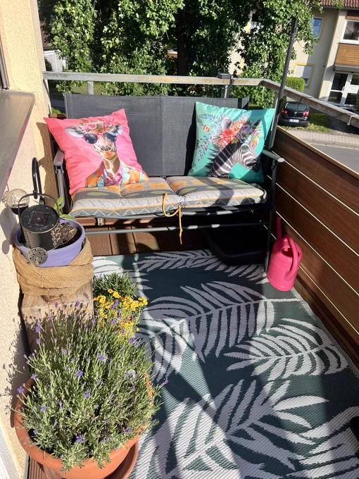 Ein Balkon mit braunem Holzgeländer, eine graue Bank, belegt mit einem grün-gelb gestreiften Gartenstuhlpolster quer liegend und je ein Kissen in jeder Ecke der Bank. 
Das linke in Pink mit einer sonnenbebrillten Giraffe, das rechte Kissen in Türkis mit einem Zebra mit Blumen im Haar.
Davor ein grüner Aussenteppich mit weißen Blättern aufgedruckt. Seitlich stehen links ein großer Lavendeltopf, ein kleiner Lavendeltopf, dazwischen eine gelb-blühende Pflanze und zudem eine wachsende Sonnenblume auf einer hochkant gestellten seitlich offenen Kiste. 
Zudem steht zwischen Balkongeländer und Bank eine pinke Gießkanne.

Im Hintergrund sieht man einen Baum und ein Nachbarshaus mit einem schwarzen Auto davor parkend.