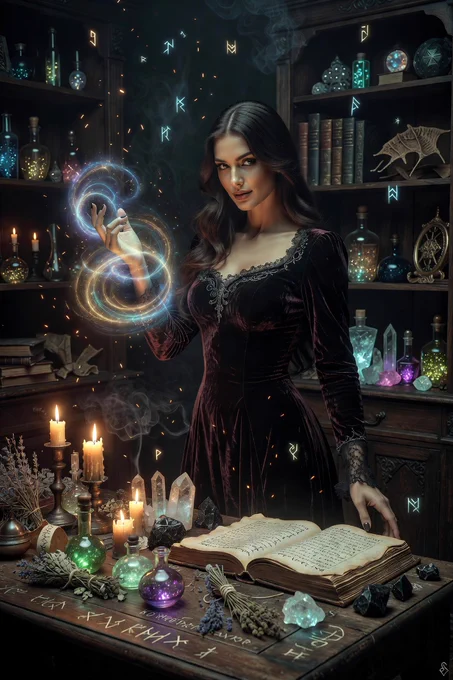 A woman with long, dark hair wearing a deep burgundy velvet dress stands in a dimly lit, mystical workspace. She gazes directly at the viewer while her right hand conjures swirling rings of blue and gold magical energy. The room is filled with dark wooden shelves lined with vintage books and glowing potion bottles. On the desk in front of her sits an open, ancient-looking grimoire with handwritten text, alongside flickering candles, various dried herbs, crystals, and small glass vials containing luminescent liquids. Floating glowing runes are scattered throughout the air, and the wooden desk surface is inscribed with carved symbolic markings. The overall atmosphere is dark, enchanted, and scholarly.