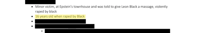 FBI investigative notes: minor victim, 16 years old, raped by Leon Black at Epstein's townhouse