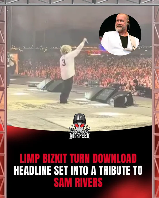 Limp Bizkit on stage at Download facing a huge crowd, Rock Feed headline reading Limp Bizkit turn Download into a tribute to Sam Rivers