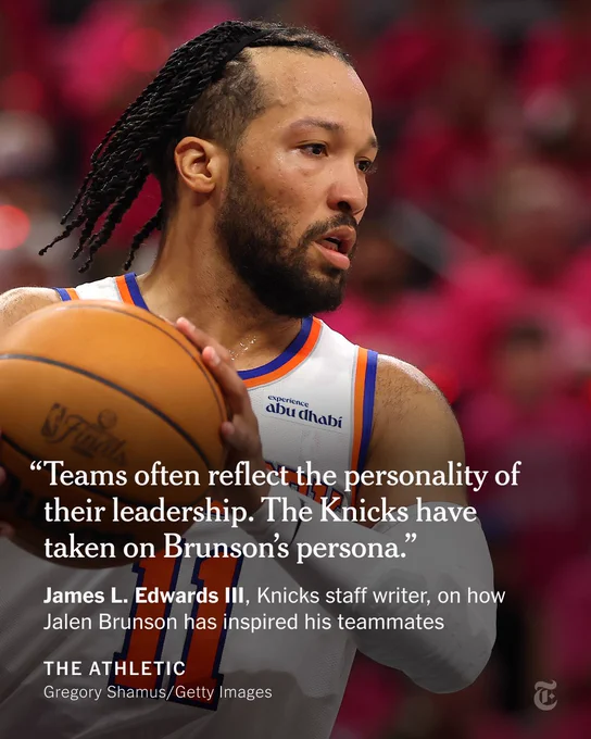 Jalen Brunson is holding a basketball during a game. “Teams often reflect the personality of their leadership. The Knicks have taken on Brunson’s persona.” - James L. Edwards III, Knicks staff writer, on how Jalen Brunson has inspired his teammates