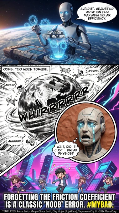 A 3-panel meme where an AI robot speeds up Earth's rotation to "optimize" it, causing a chaotic whirring effect and dizzy anime citizens.