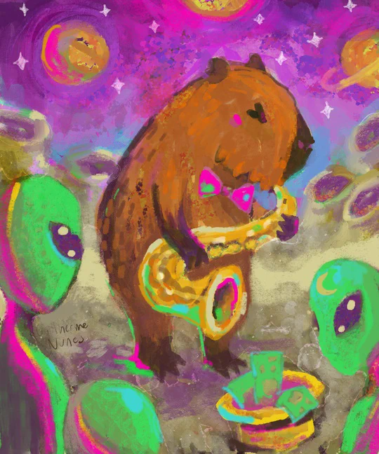 painting of a capybara wearing a bow tie playing saxophone on the moon in exchange for tips 3 aliens are watching and there is a hat on the ground with money in it