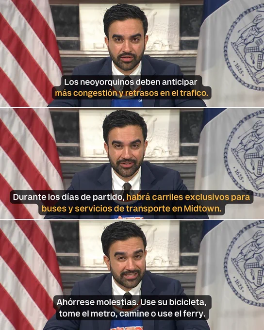 Los neoyorquinos deben anticipar más congestión y retrasos en el trafico.

Durante los días de partido, habrá carriles exclusivos para buses y servicios de transporte en Midtown.

Ahórrese molestias. Use su bicicleta, tome el metro, camine o use el ferry.