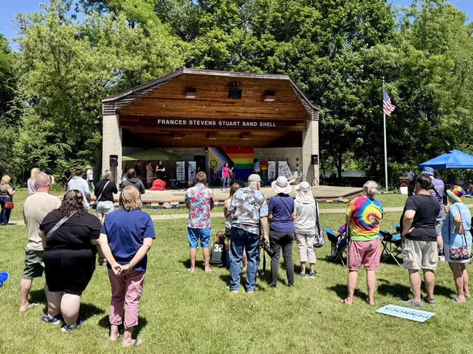 AG Nessel speaks from pavilion to gathered crowd at Marshall Pride