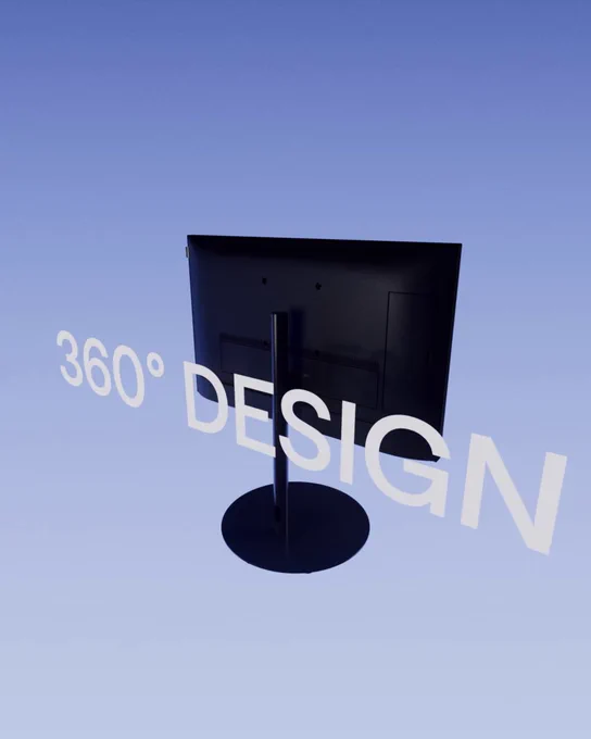 Rear view of a black television with a round floor stand against a gradient blue background and the text '360° DESIGN' floating nearby.