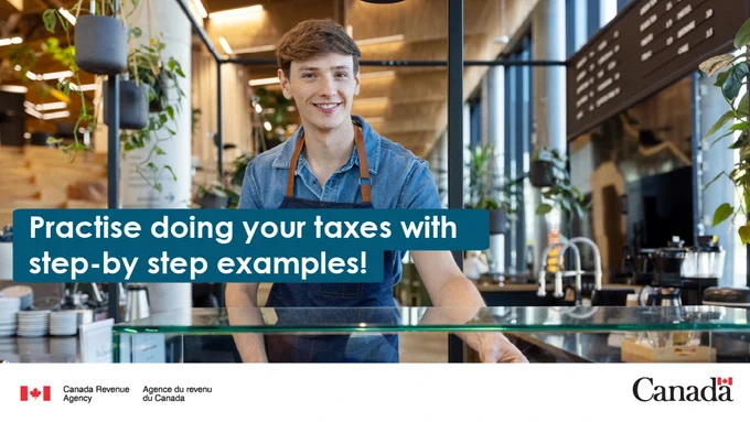 A young person working in a coffee shop. The text: “Practise doing your taxes with step-by-step examples!”