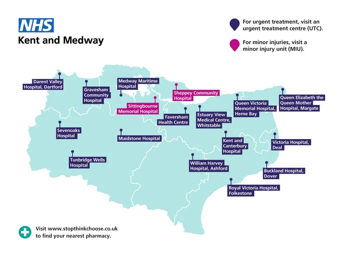 Map of NHS hospitals and urgent treatment centres in Kent and Medway, UK.