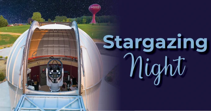 Open top view of the Astronomical Observatory with campus view and night sky in background, words "Stargazing Night."