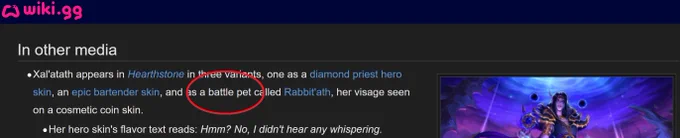 the image is from the wow wiki stating that the "hero" Xal'atath appears in Hearthstone in 3 variants: one as a diamond priest hero skin, an epic bartender skin, and as a BATTLE PET called Rabbit'ath, her visage seen on a cosmetic coin skin.