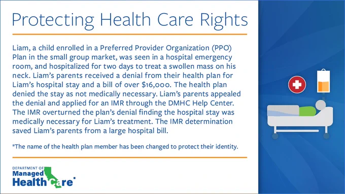 Graphic titled “Protecting Health Care Rights” describing a health plan member helped by the California Department of Managed Health Care (DMHC). The text reads: Liam, a child enrolled in a Preferred Provider Organization (PPO) Plan in the small group market, was seen in a hospital emergency room, and hospitalized for two days to treat a swollen mass on his neck. Liam’s parents received a denial from their health plan for Liam’s hospital stay and a bill of over $16,000. The health plan denied the stay as not medically necessary. Liam’s parents appealed the denial and applied for an IMR through the DMHC Help Center. The IMR overturned the plan’s denial finding the hospital stay was medically necessary for Liam’s treatment. The IMR determination saved Liam’s parents from a large hospital bill.