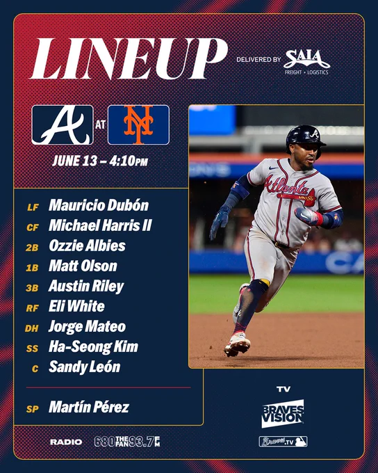 Dubón LF, Harris II CF, Albies 2B, Olson 1B, Riley 3B, White RF, Mateo DH, Kim SS, León C, Pérez P. First pitch at 4:10pm.