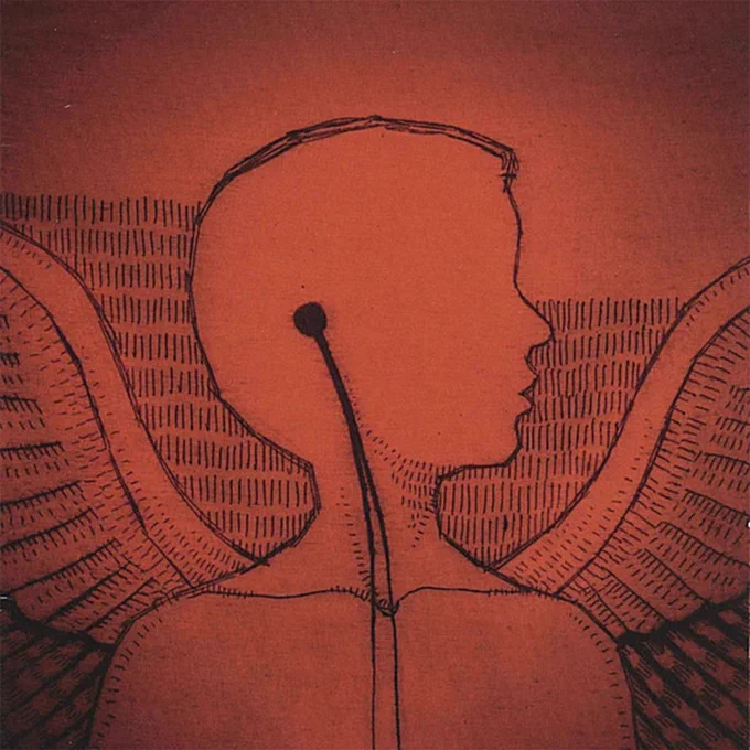 Album Art of Andrew Osenga's The Morning album - On a orange-ish-red background that is brighter in the middle and darker on the edges, a very simple black line drawing of a man from the shoulders up, with a blank face in profile and two wires coming from where his ears should be and stretching down his body. The person has a pair of wings stretched out behind him, and the background's lower areas has small vertical lines making some sort of shadow.