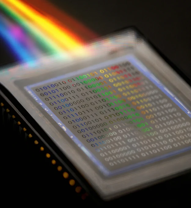 A computer chip with binary code on its surface. A colorful spectrum of light reflects off the chip, creating a rainbow effect.