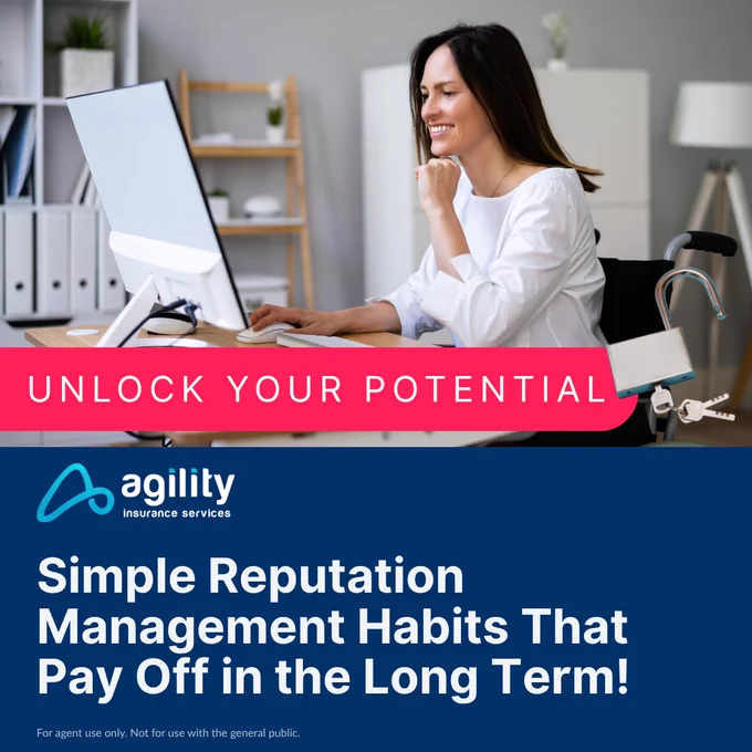 A professional sitting at a desk using a computer, representing Agility Insurance Services' focus on reputation management. The mood is optimistic and empowering.