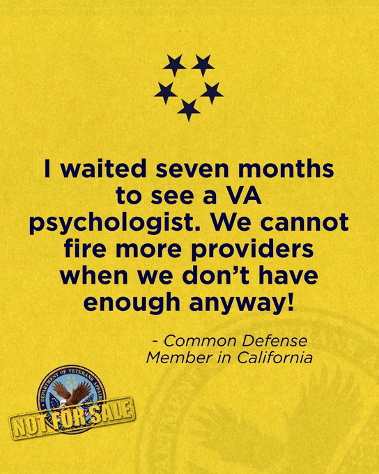 Yellow poster with five stars above bold blue text: "I waited seven months to see a VA psychologist. We cannot fire more providers when we don’t have enough anyway!" At the bottom, it states, "- Common Defense Member in California." An emblem and "Not For Sale" label are in the lower corner.