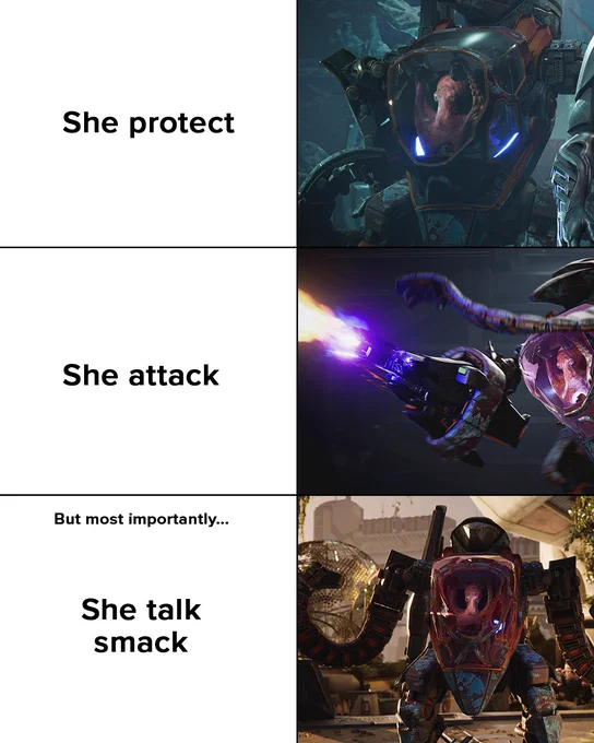 Meme featuring Salt the Octopus from EXODUS inside a combat mech. The first panel reads: She protect. The second panel reads: She attack. The third panel reads: But most importantly... She talk smack.