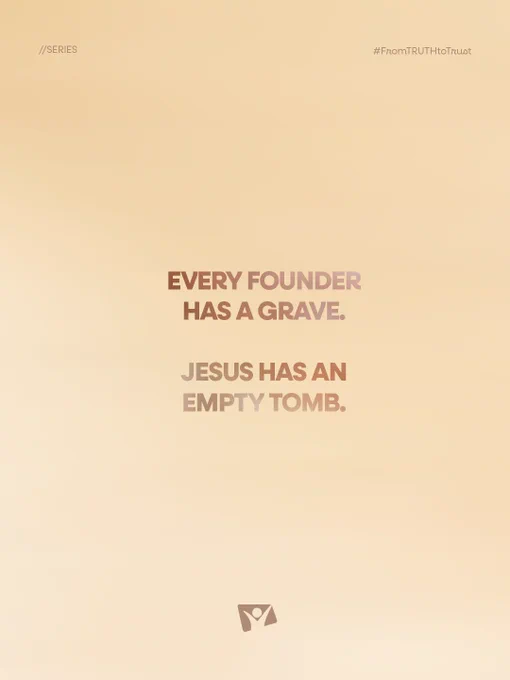 A minimalist design features an inspirational quote contrasting founders with Jesus. The background is a soft beige, with the text conveying a spiritual message. The mood is reflective and thought-provoking.