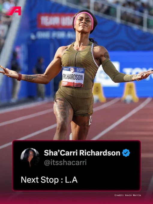 An athlete celebrates on the track, exuding confidence and joy. The image includes a social media post by the athlete mentioning 'Next Stop: L.A'.