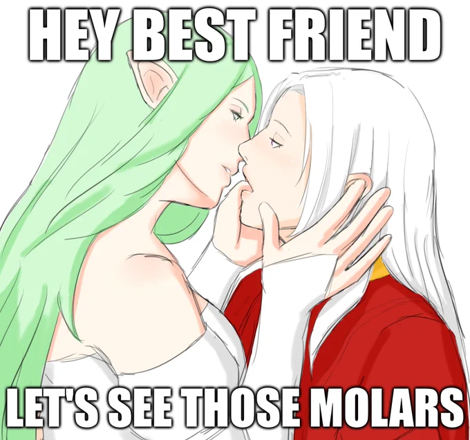 colored sketch of edelgard and rhea leaning into each other while rhea's thumb is inside edelgard's mouth. text is edited on top of the image. the top text says "HEY BEST FRIEND" and the bottom text says "LET'S SEE THOSE MOLARS"