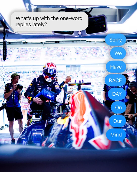 What's up with the one-word replies? -- Max climbs into the RB22.