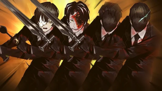 okay for context. We've got Yi Sang who is using Rien (2nd) as a skin. That's what an ID is in limbus.

Then we've got Rien. He is being directed by Prescripts to imitate Roland (3rd).

Roland is The Black Silence. He was not originally The Black Silence, his wife (4th) was.

The guy on the far right isn't even what she looks like. No one who knew her title knew what she looked like so even she has lost her original self.